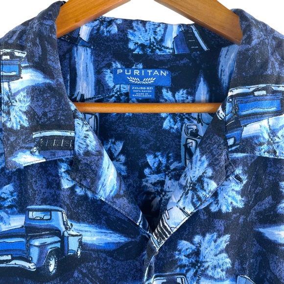 Puritan 100% Rayon "Moonlight Chevy" Print Front Pocket Hawaiian Camp Shirt 2XL - Picture 6 of 13